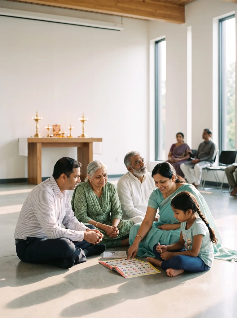 Multi-generational family gathering at a modern community cultural center