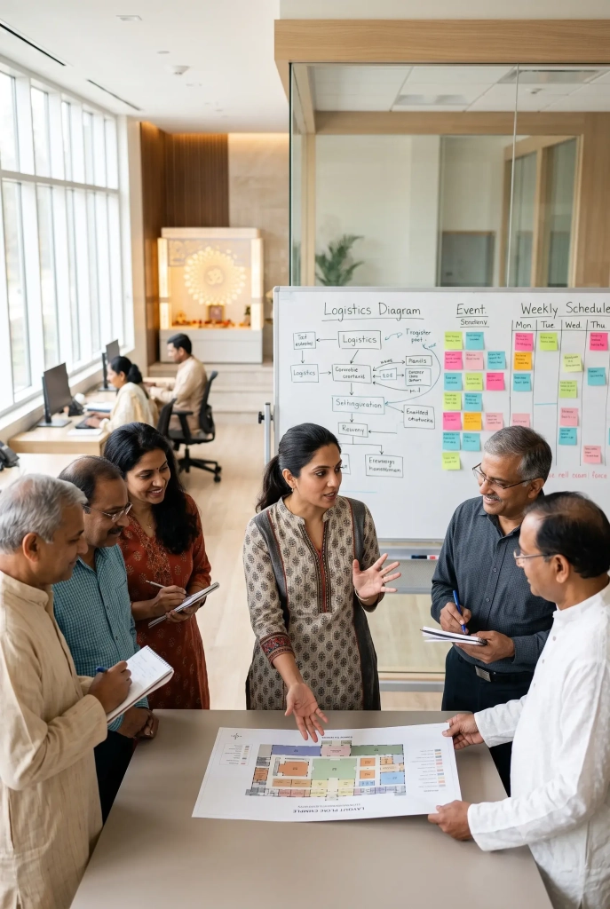 Volunteer coordination meeting in a modern temple office