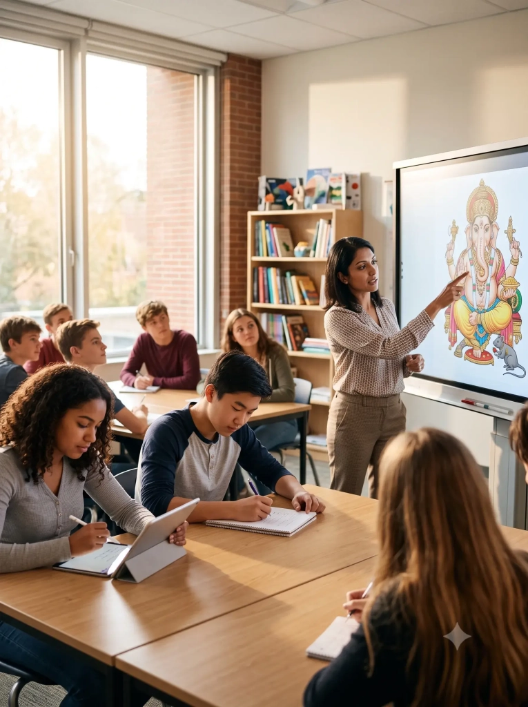 Teacher explaining Hindu iconography to attentive students in a bright modern classroom
