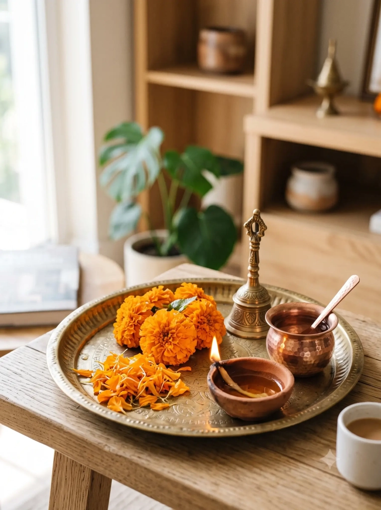 Detailed Close-up of Traditional Brass Puja Thali with Diya and Marigolds